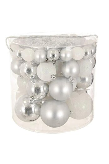 ANTBRO set of 54 Christmas baubles, silver and white, 4 sizes (4-6-8-10 cm), matte, shiny and glitte