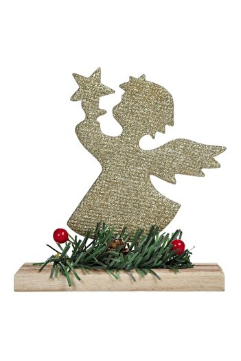 ANTBRO Christmas decoration angel with gold glitter on wooden base, 12.5x4.2x14 cm