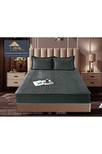 JOJO HOME Velvet Quilted Topper Cover, 180x200, 3 Pieces, Dark Grey