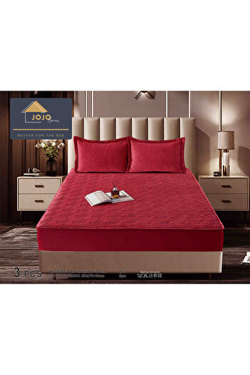 JOJO HOME Velvet Quilted Topper Cover, 180x200, 3 Pieces, Red