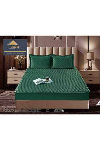 JOJO HOME Velvet Quilted Topper Cover, 160x200, 3 Pieces, Emerald Green