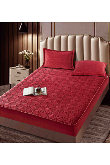 JOJO HOME Velvet Quilted Topper Cover, 180x200, 3 Pieces, Red