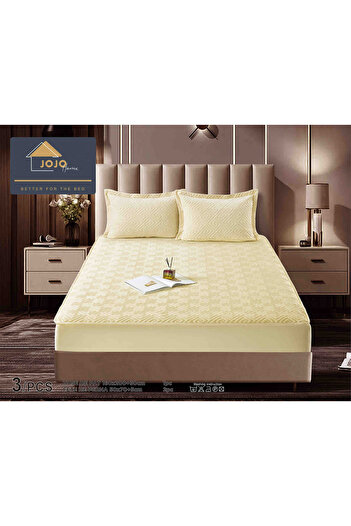 JOJO HOME Velvet Quilted Topper Cover, 160x200, 3 Pieces, Cream