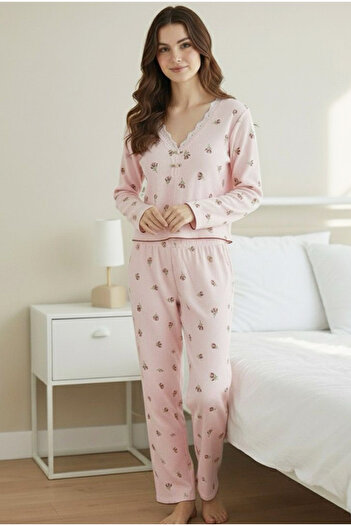 Siyah İnci Pink Floral Print Lace Ruched-Crinkled Long Sleeve Pajama Set