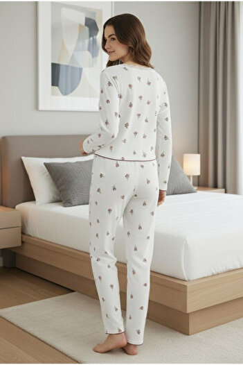 Siyah İnci beyaz çiçek desenli Dantelli Bürümcük-Krınkıl Uzun Kollu Pijama Takım