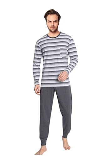 pamuklu - Men's pajamas, cotton, long pants, long sleeve, striped, Gray, XL