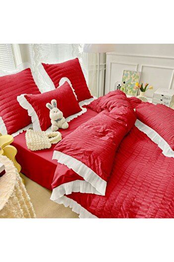 JOJO HOME Double Bed Linen Set, Crepe Pattern, 230x250cm, 6 Pieces, Red