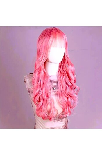 animis beauty Cosplay / Halloween Long Pink Wig, wavy, -looking synthetic fiber, with bangs, 65 cm