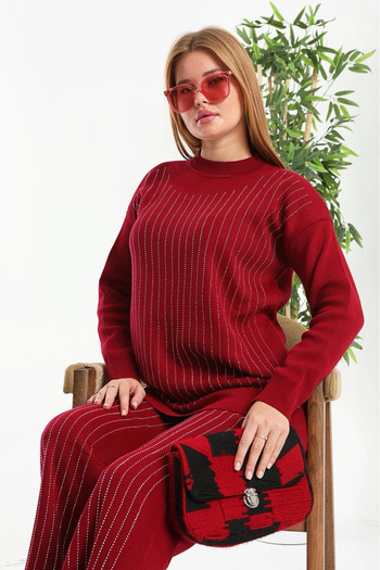 AZRA BUTİK Ön Taşlı Knitwear Set Claret Red
