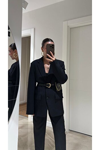 FMN Moda Belt Detail Design Premium Double Button Lined Equivalent Trend Pocket Detail Blazer Jacket
