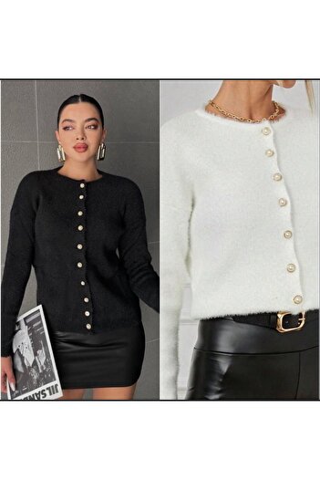 tülaybutik Women's Winter Buttons Soft Cardigan with Stone Details