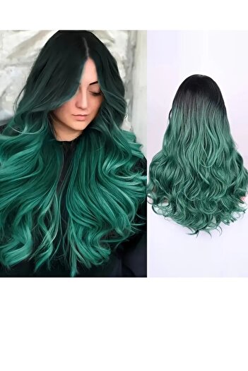 animis beauty Long Green wig, synthetic fiber with a look, long wavy hair, without bangs, 65 cm