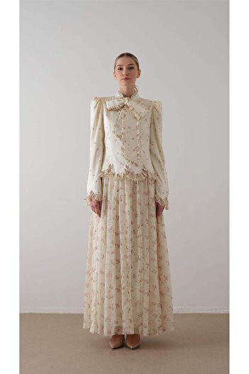 miha Hicran Önal Printed Dress with Scarf on the Front Cream