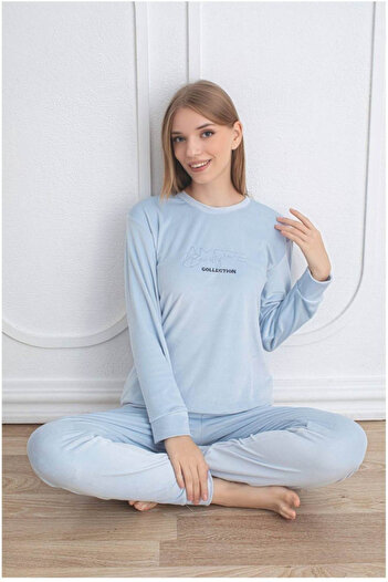 embody Women's velour pyjamas, soft and delicate material, plain print, powder blue 60