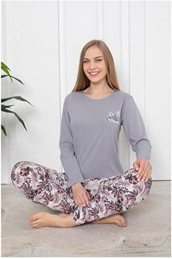 embody Women's cotton pyjamas, modern print, grey 109