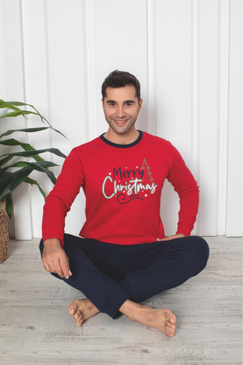 embody Men's Christmas pyjamas in thick cotton interlock, Merry Christmas, red 2006