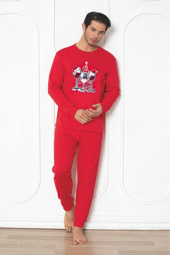 embody Men's Christmas pyjamas in thick cotton interlock, happy Merry Christmas, red 1987