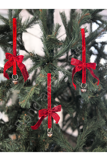 Bond Bestie New Year's Glittery Red Velvet Ribbon Luxury Bell Christmas Tree Ornament 3 Pieces