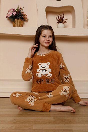 embody Cocolino girls' pyjamas, fluffy and warm, happy bear print, beige