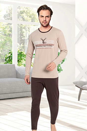 embody Men's cotton pyjamas, with sleeves and long trousers, change no thing print, brown 600