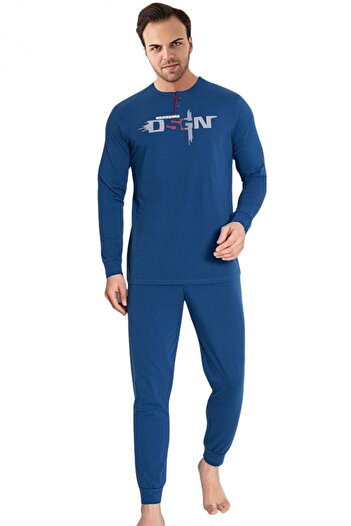 embody Pijamale bărbătești premium din bumbac, cu mâneci și pantaloni lungi, imprimeu dsgn, albastru 2076