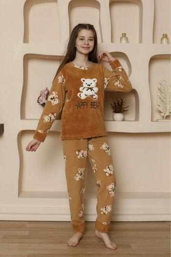 embody Cocolino girls' pyjamas, fluffy and warm, happy bear print, beige