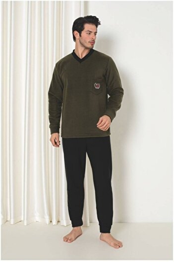 embody Men's cocolino polar pyjamas, fine, delicate and soft, dark khaki, 1047