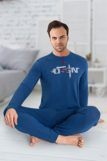 embody Pijamale bărbătești premium din bumbac, cu mâneci și pantaloni lungi, imprimeu dsgn, albastru 2076