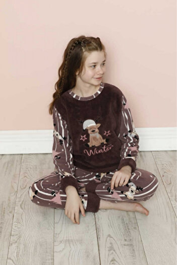 embody Cocolino girls' pyjamas, fluffy and warm, Ren Christmas print, brown