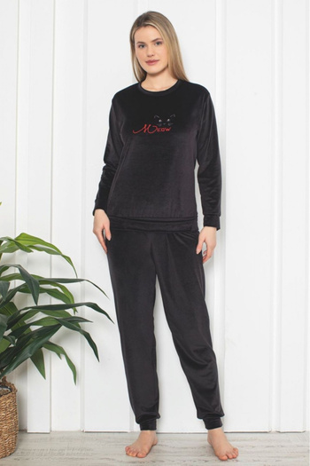 embody Women's velour pyjamas, soft and delicate material, plain print, Meow, black 100