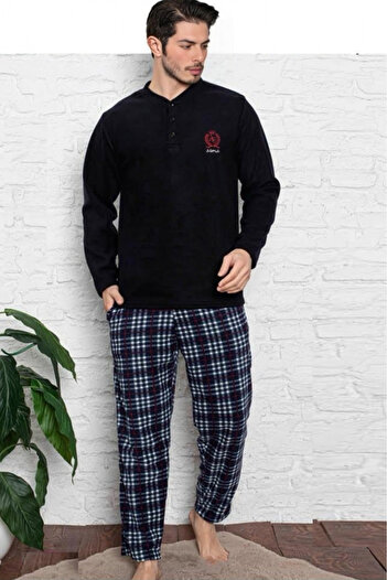 embody Men's cocolino pyjamas, soft and warm fleece, with pockets, navy blue 7212