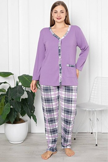 embody Interlok cotton pyjamas for women, large size, with pocket and buttons, purple 2042