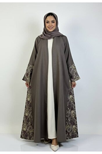 REİNA Purple linen quarter-cloche abaya embroidered on the sleeves and sides