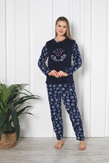 embody Lady's cocolino pyjamas, print Christmas stars winter, navy blue