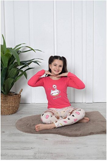 embody Girls' pyjamas, cotton, long sleeves and trousers, pink kitten print 4004