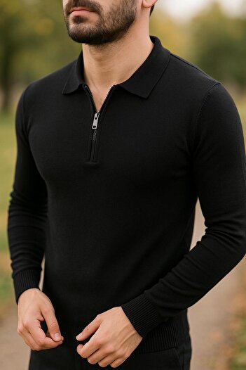 JR Boutique Erkek Polo Yaka Fermuarlı İnce Basic Triko Kazak
