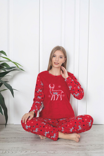 embody Women's cocolino pyjamas, Christmas reindeer print, red 314