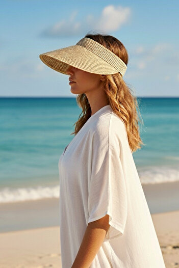 Marina Metal Beige Straw Visor Hat 14635