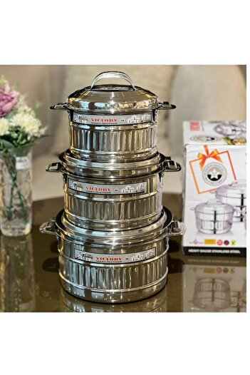 Generic 3-piece Indian stainless steel food containers, 2500ml, 3500ml, 5000ml