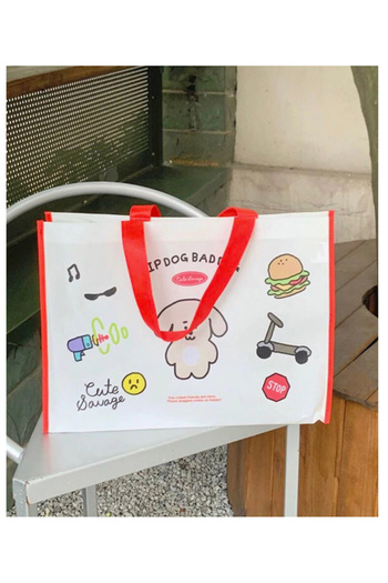 Generic White school lunch bag or tote bag with red handles. The bag is decorated with cartoon graphics.