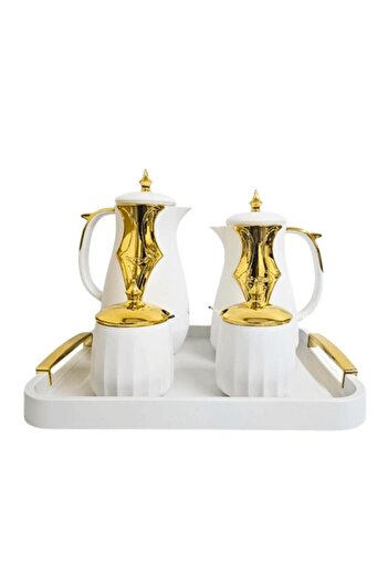 Generic 5-piece Tea & Coffee Thermos Set, White & Gold with Serving Tray, Sugar and Dates Boxes