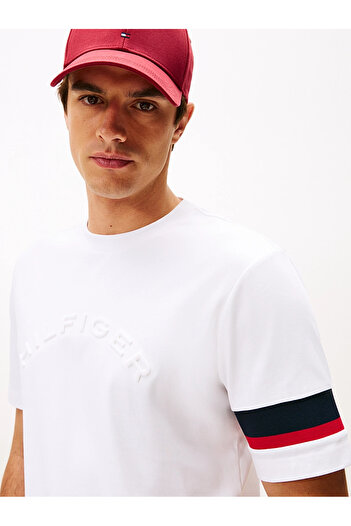 Tommy Hilfiger Men's Regular Fit Logo Embossed Pattern Interlock Knit Fabric Short Sleeve White T-Shirt Mw0Mw40018-Ybr