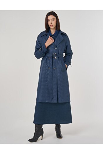 Kayra Buckle Detailed Embossed Trench Coat Navy Blue