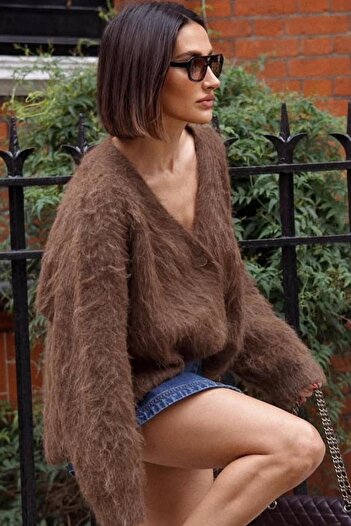 Madmext Brown Bearded Buttoned Women's Cardigan Mg2570
