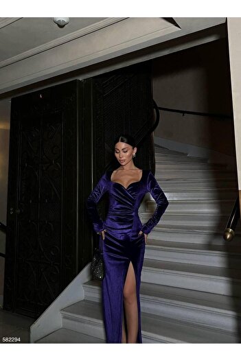 Modafeminen Long Sleeve Velvet Dress with Slit Detail 582294 Light Purple