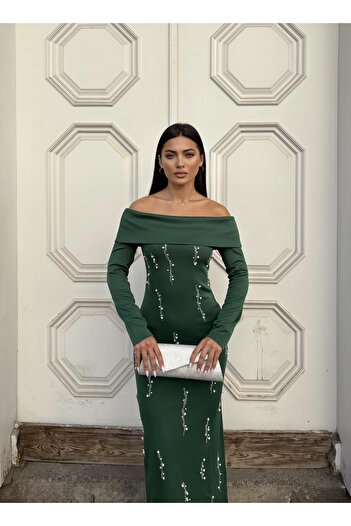 Modafeminen Stone Detailed Strapless Neckline Scuba Fabric Long Sleeve Dress Emerald 583350
