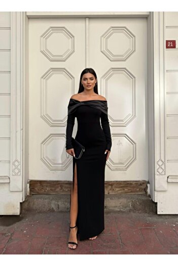 Modafeminen Flexible Shiny Satin Collar Pleated Bow Detail Slit Evening Dress 583363 Black