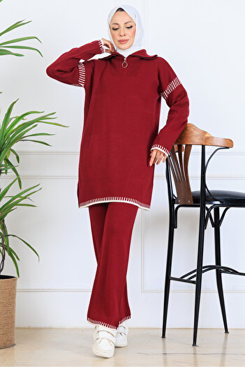 benguen Zippered Collar Stripe Detail Knitwear Set S1061 Claret Red