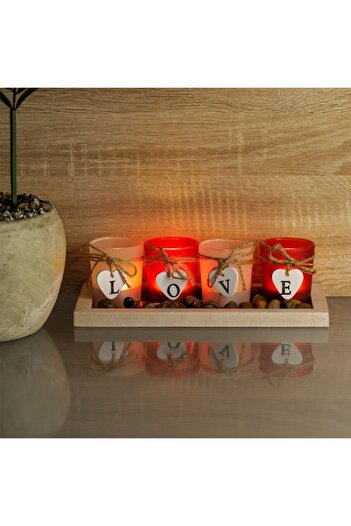 SHOPIENS Candle Holders 'Love' Set of 4, Multicolor, Wooden Base, Glass Cups, Hearts & Pebbles