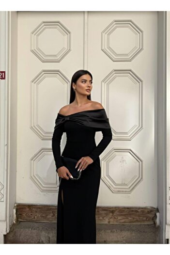 Modafeminen Flexible Shiny Satin Collar Pleated Bow Detail Slit Evening Dress 583363 Black